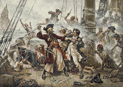 The capture of the Pirate Blackbeard, 1718. Painting by J. L. G. Ferris