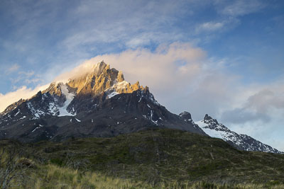A photo of the mountain Paine Grande at sunset.