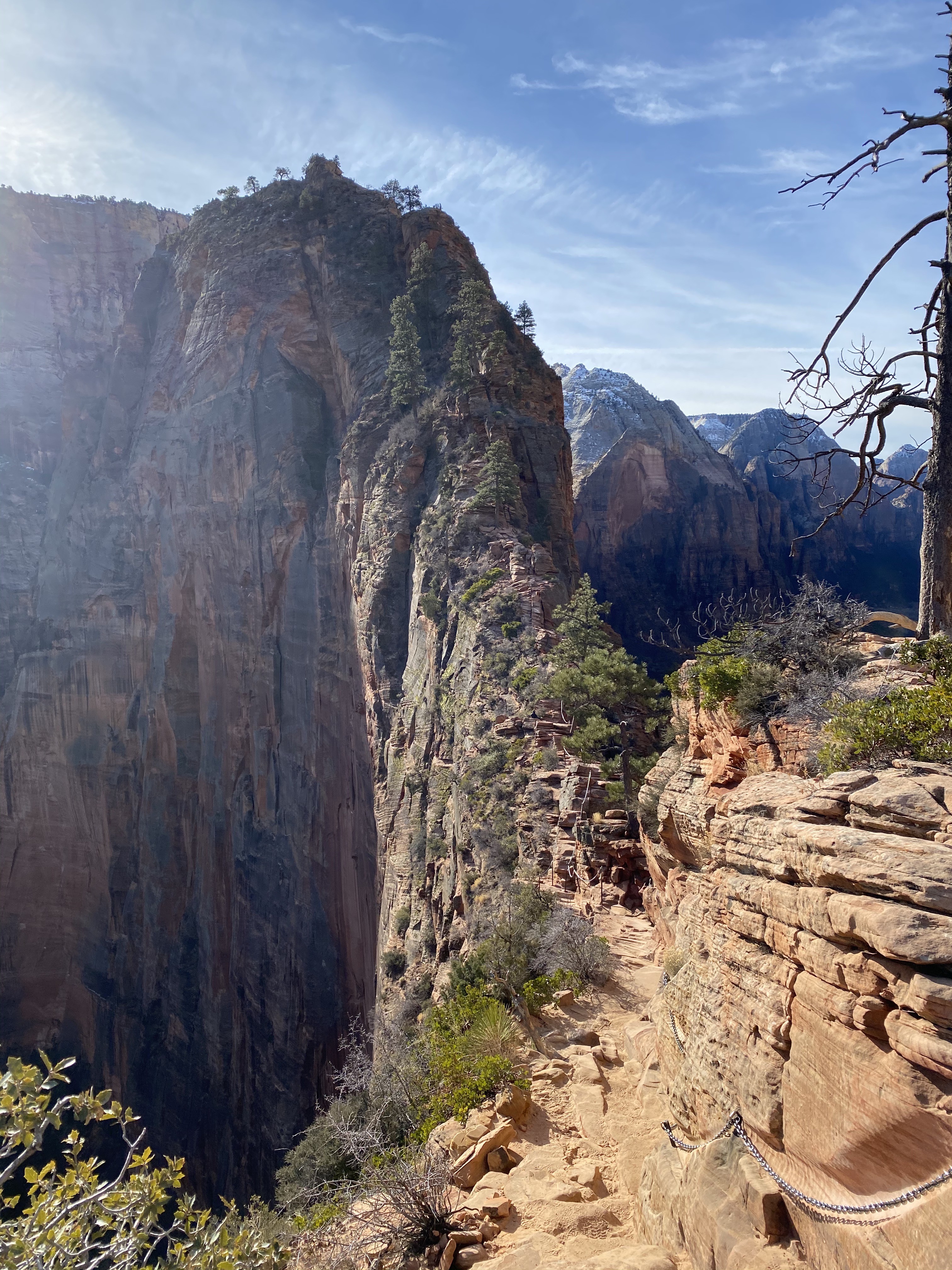 The ridge leading up to Angels Landing. In the bottom right you can see the chains hikers hold onto, and trace the route all the way to the top.