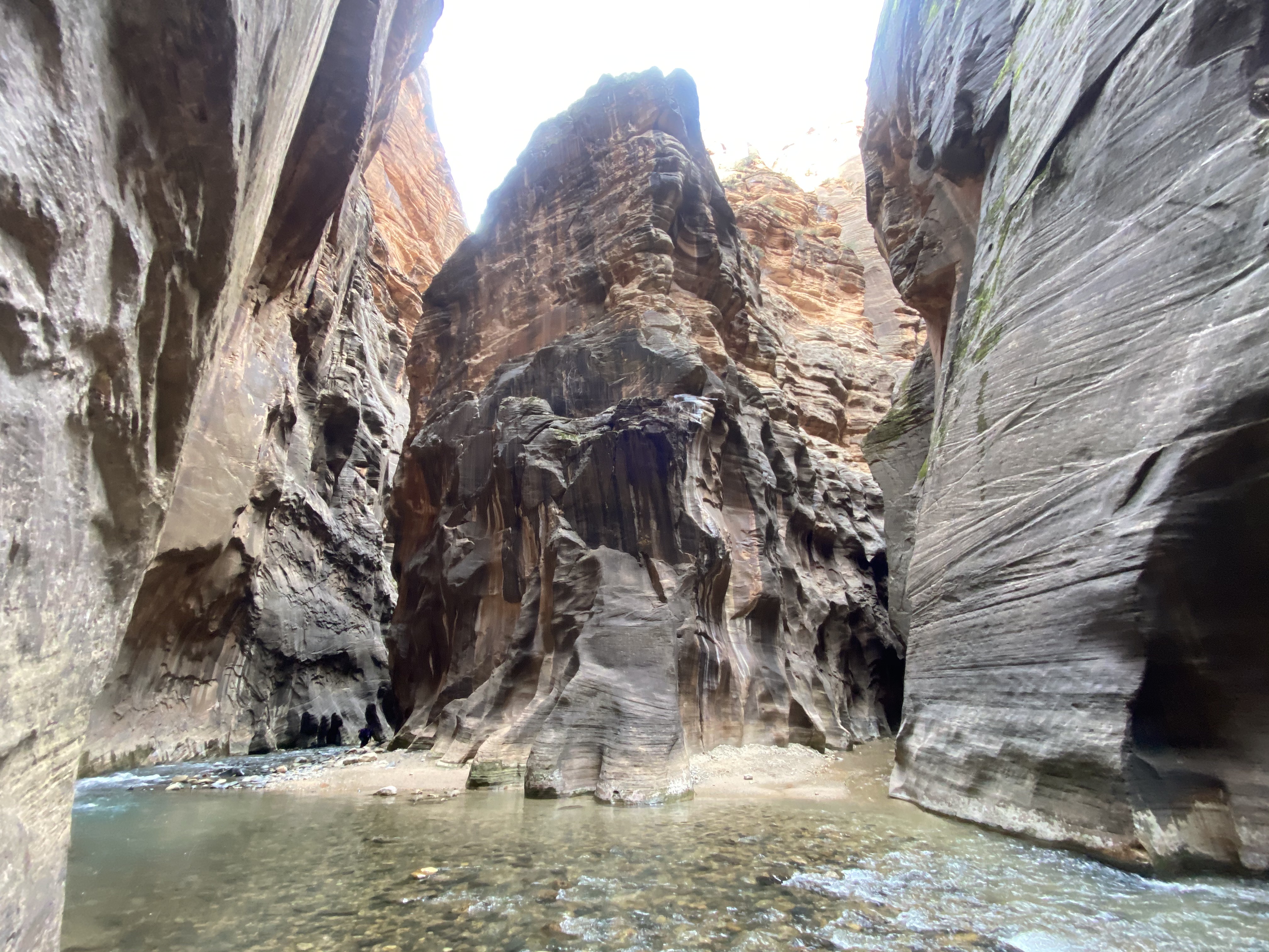 A fork in The Narrows canyon. To the left is Imlay Canyon, to the right is Orderville Canyon.
